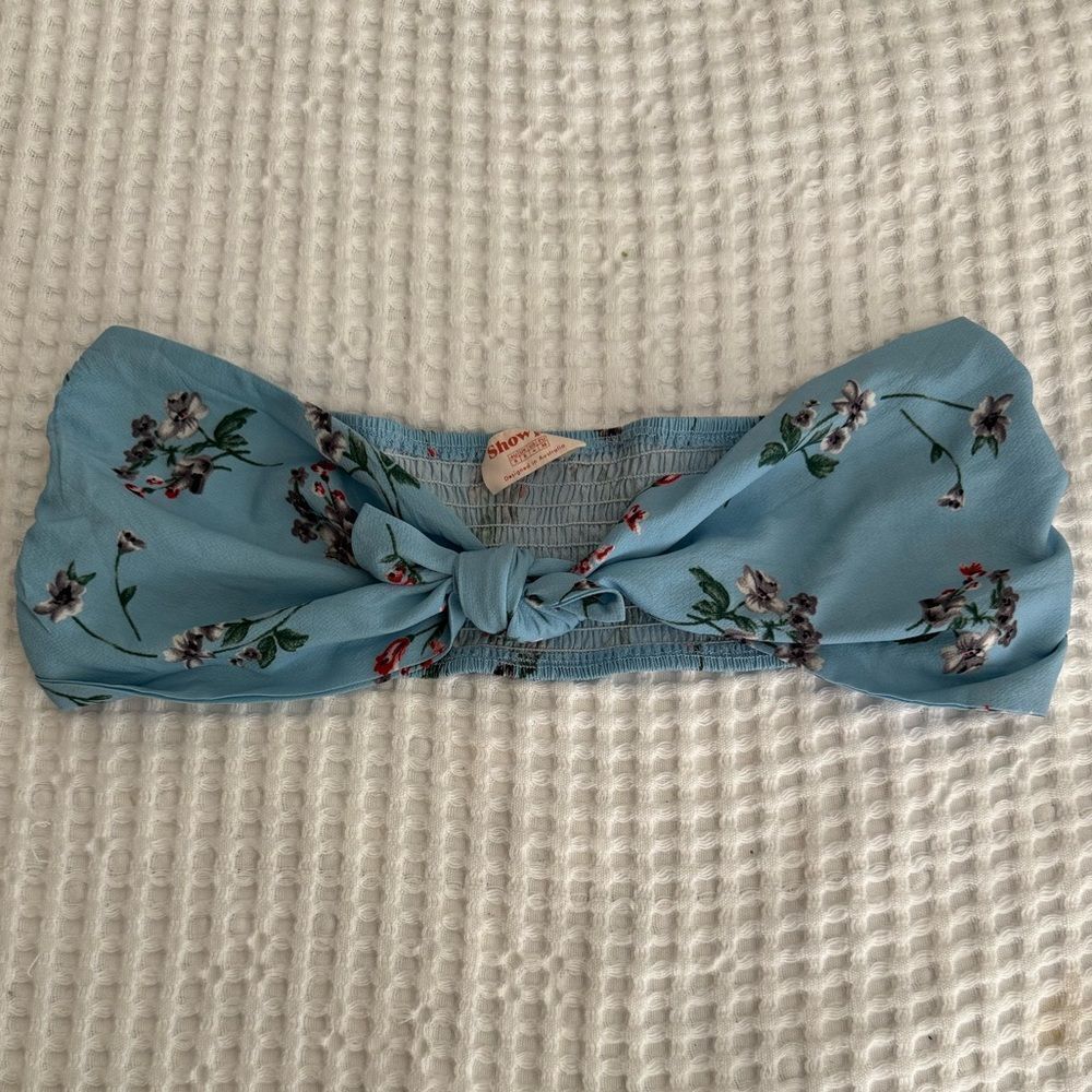 Showpo. Floral Blue Tie Front Bra Top with Ruching